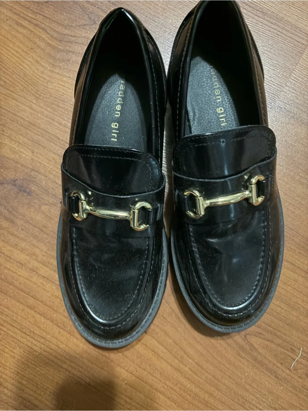 Madden Girl Black Patent Loafers with Gold Bit Detail